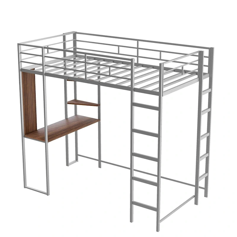 Metal Twin Size Loft Bed with Desk, Shelves