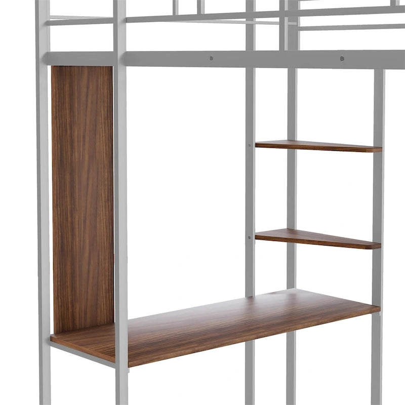 Metal Twin Size Loft Bed with Desk, Shelves