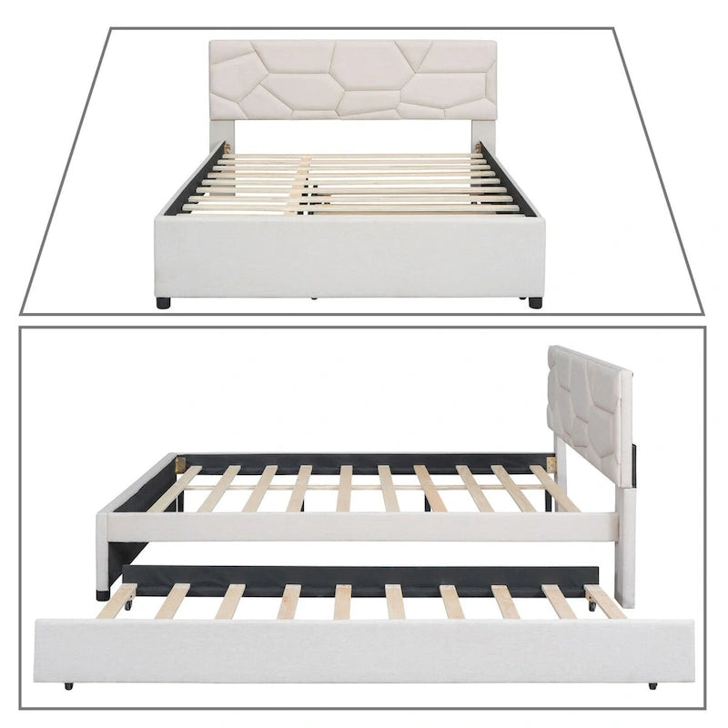 Modern Stylish Linen Fabric Upholstered Platform Bed with Trundle Bed