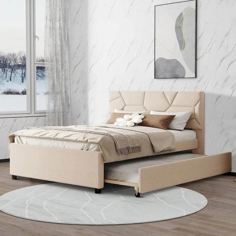 Modern Stylish Linen Fabric Upholstered Platform Bed with Trundle Bed