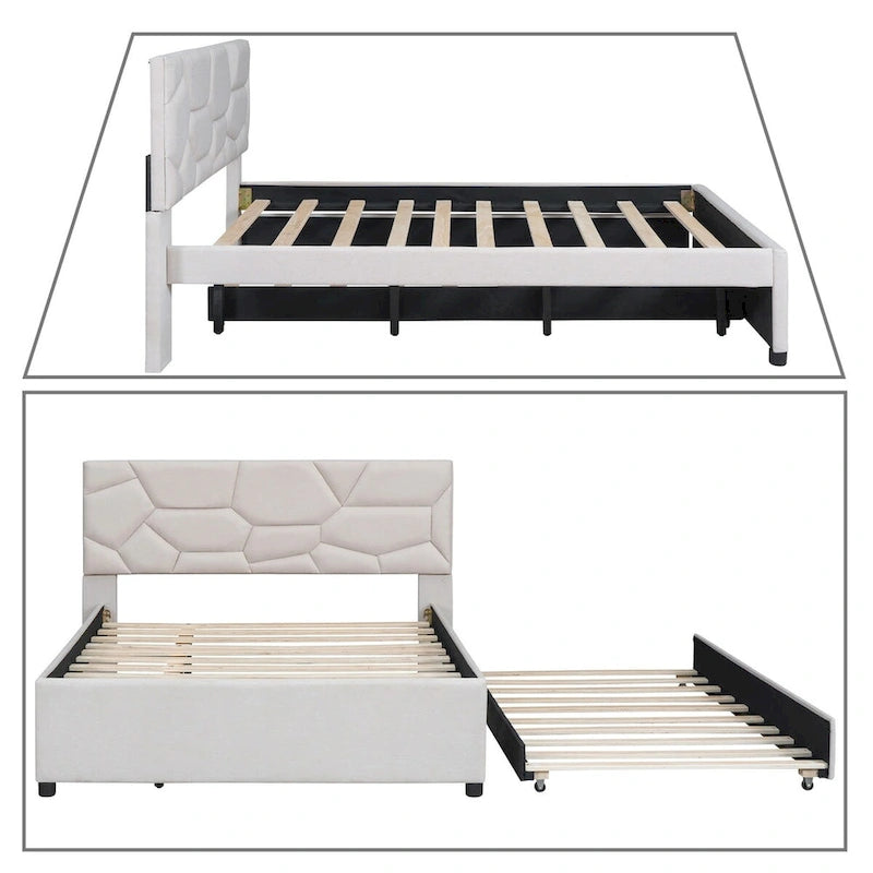 Modern Stylish Linen Fabric Upholstered Platform Bed with Trundle Bed
