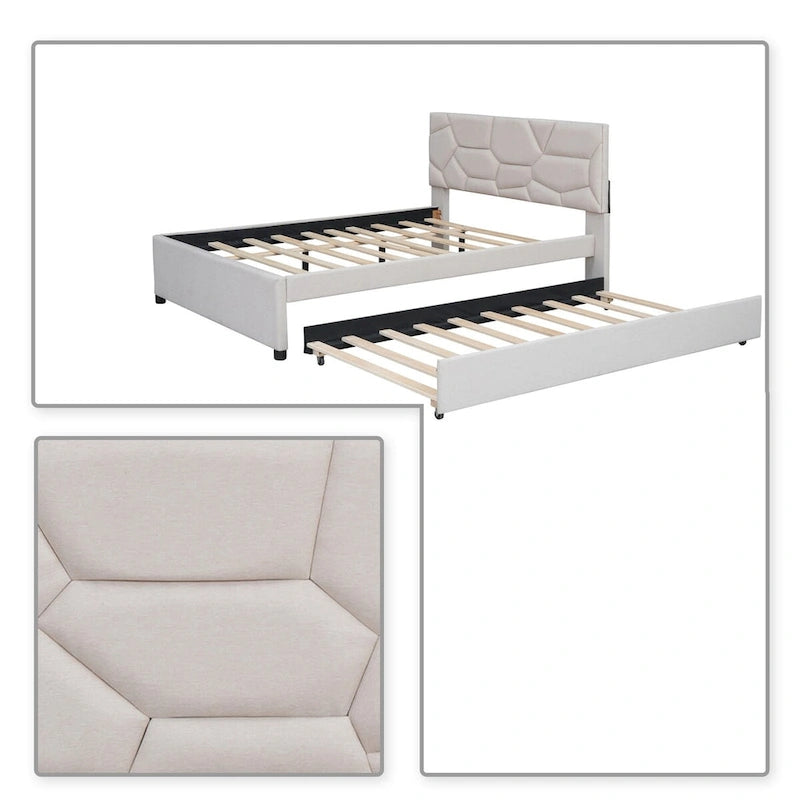 Modern Stylish Linen Fabric Upholstered Platform Bed with Trundle Bed