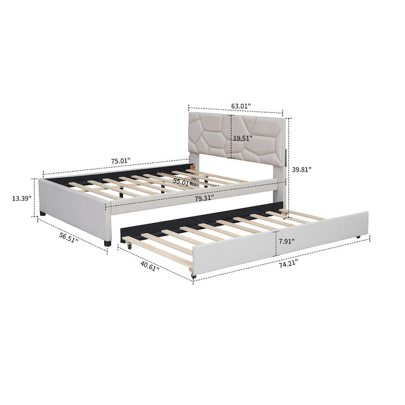 Modern Stylish Linen Fabric Upholstered Platform Bed with Trundle Bed