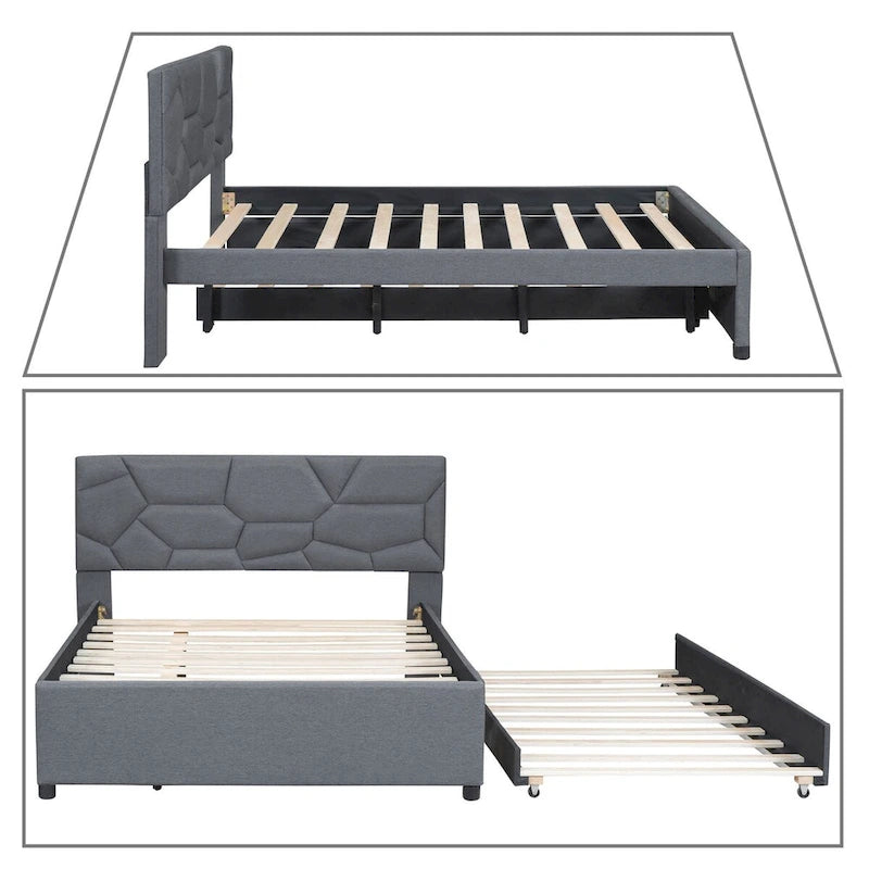 Modern Stylish Linen Fabric Upholstered Platform Bed with Trundle Bed