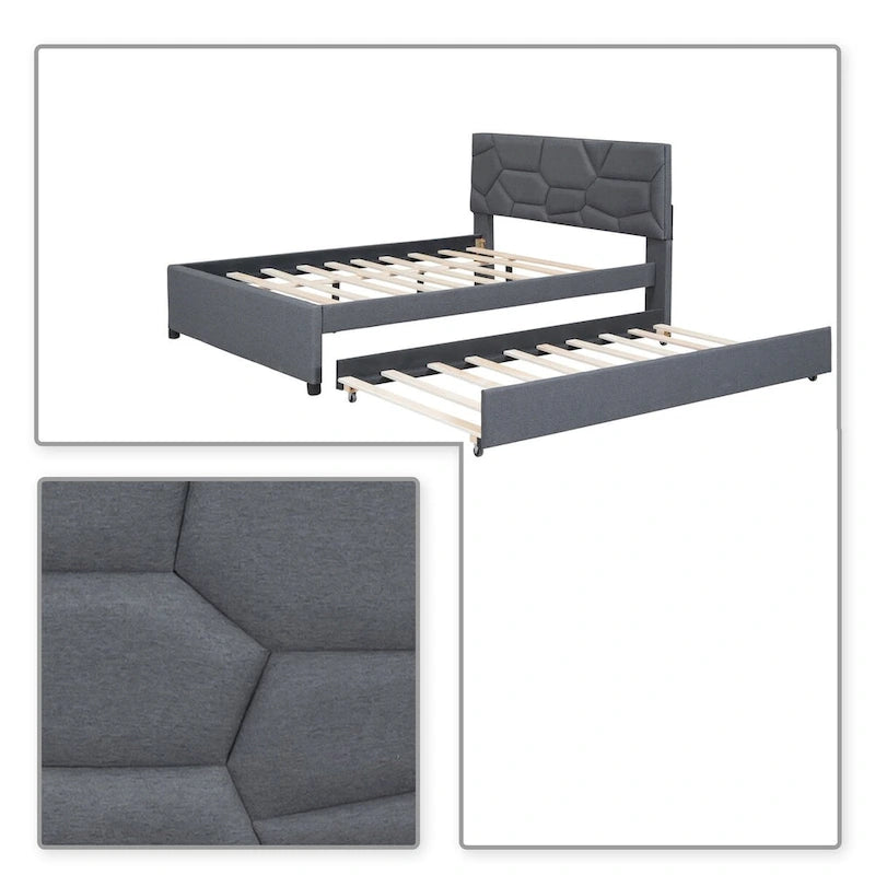 Modern Stylish Linen Fabric Upholstered Platform Bed with Trundle Bed