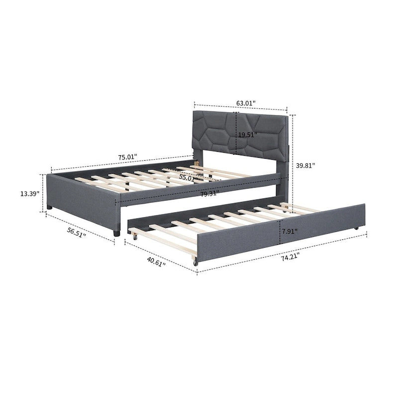Modern Stylish Linen Fabric Upholstered Platform Bed with Trundle Bed