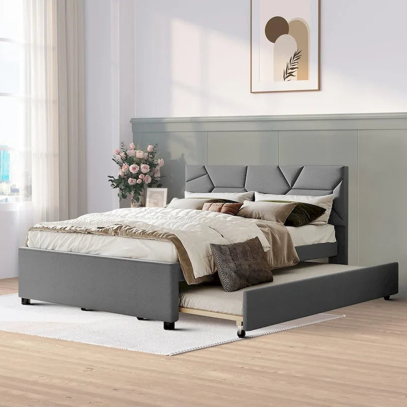 Modern Stylish Linen Fabric Upholstered Platform Bed with Trundle Bed
