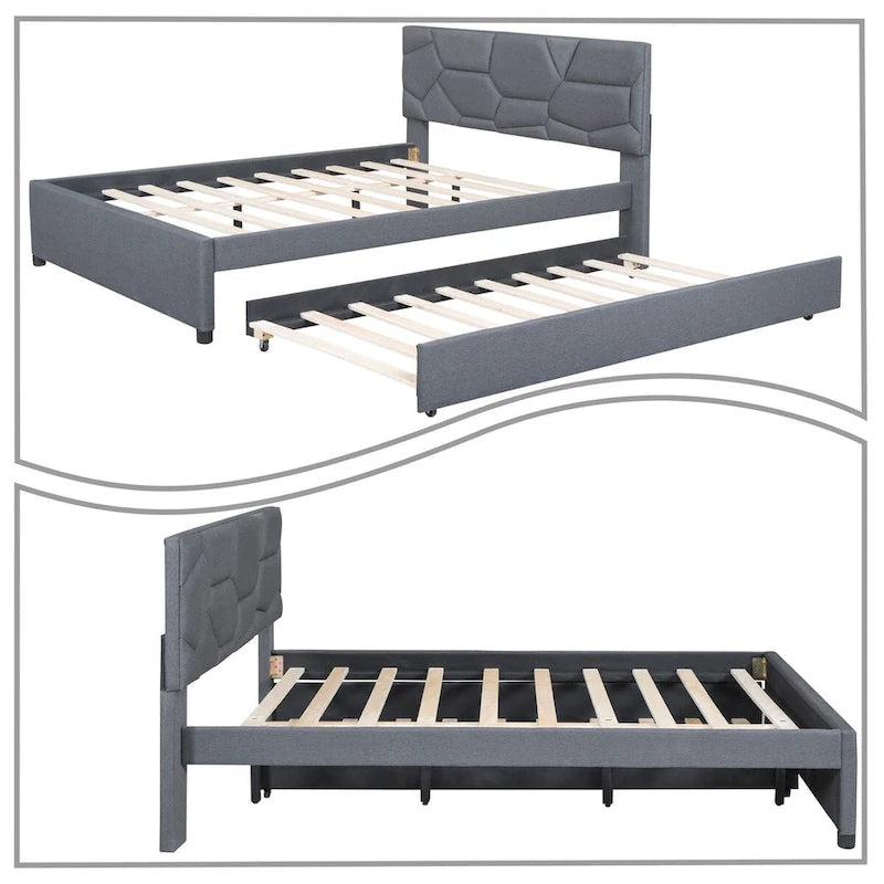 Modern Stylish Linen Fabric Upholstered Platform Bed with Trundle Bed