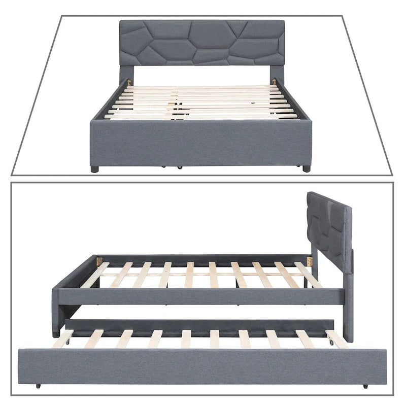 Modern Stylish Linen Fabric Upholstered Platform Bed with Trundle Bed