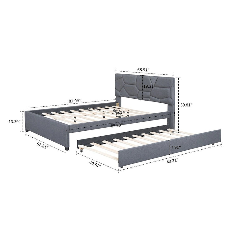 Modern Stylish Linen Fabric Upholstered Platform Bed with Trundle Bed