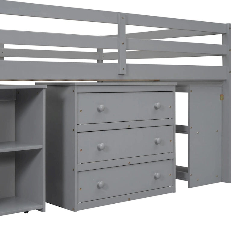 Full Size Solid Wood Loft Bed with Retractable Desk, Storage Stairs, Storage Drawers, and Shelves