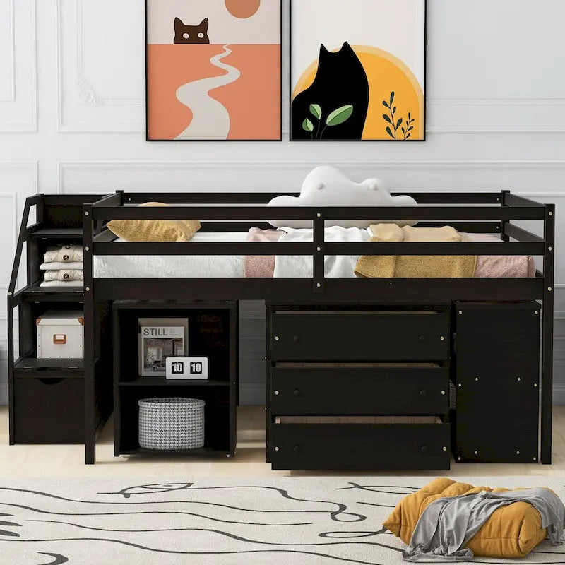 Full Size Solid Wood Loft Bed with Retractable Desk, Storage Stairs, Storage Drawers, and Shelves