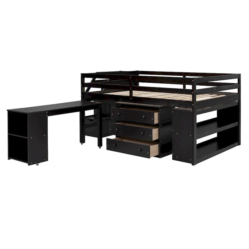 Full Size Solid Wood Loft Bed with Retractable Desk, Storage Stairs, Storage Drawers, and Shelves