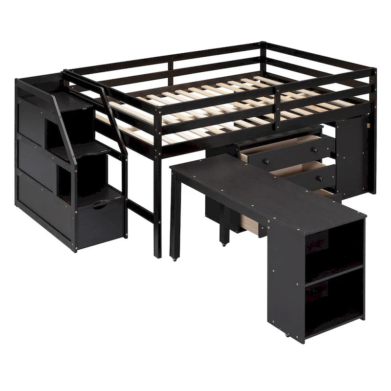 Full Size Solid Wood Loft Bed with Retractable Desk, Storage Stairs, Storage Drawers, and Shelves
