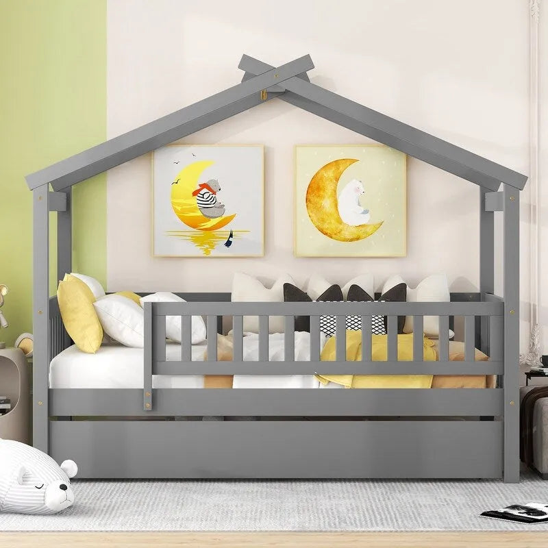 Twin Size House Bed for Kids, Wooden House Bed Twin with Trundle