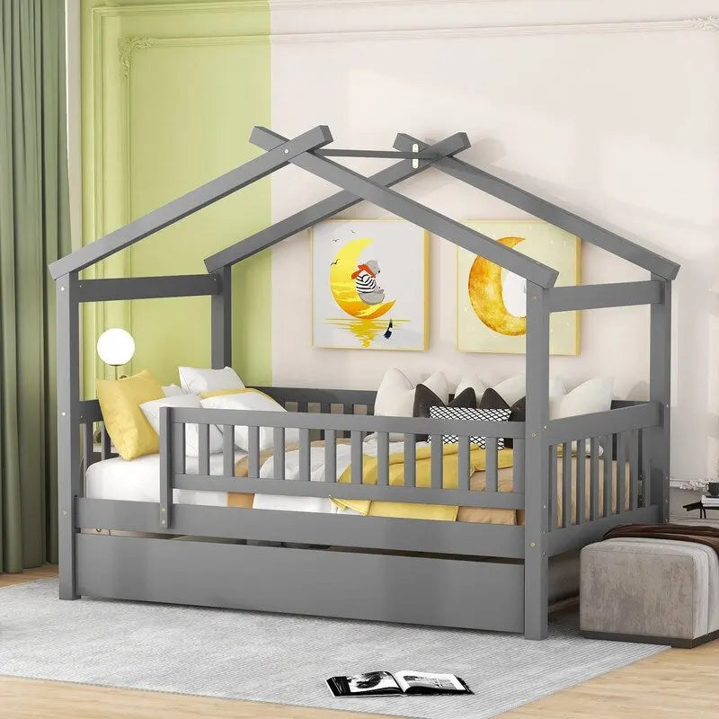 Twin Size House Bed for Kids, Wooden House Bed Twin with Trundle