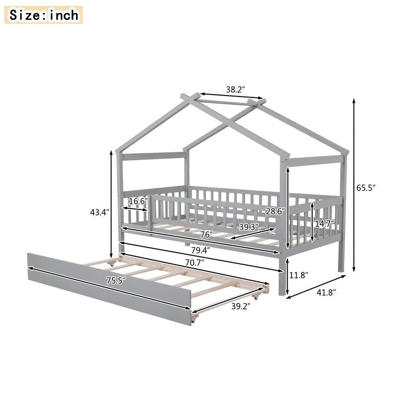 Twin Size House Bed for Kids, Wooden House Bed Twin with Trundle