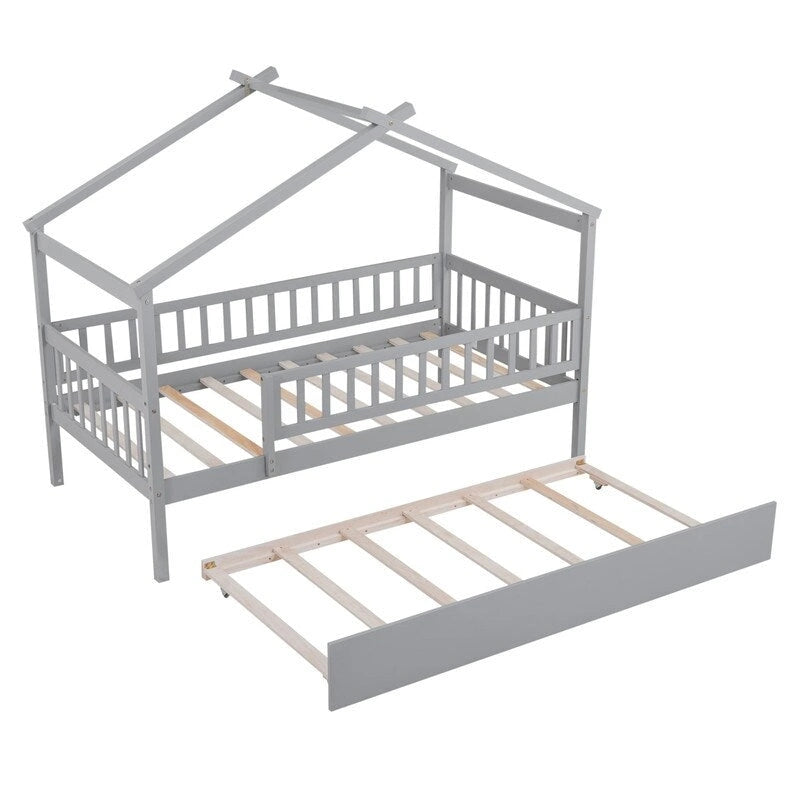 Twin Size House Bed for Kids, Wooden House Bed Twin with Trundle