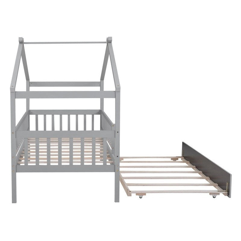Twin Size House Bed for Kids, Wooden House Bed Twin with Trundle