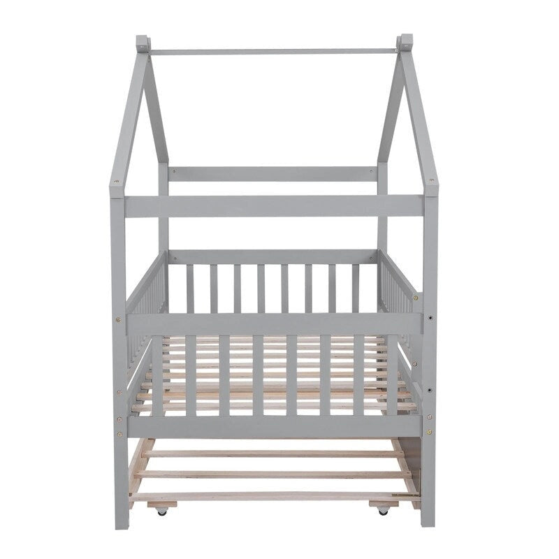 Twin Size House Bed for Kids, Wooden House Bed Twin with Trundle