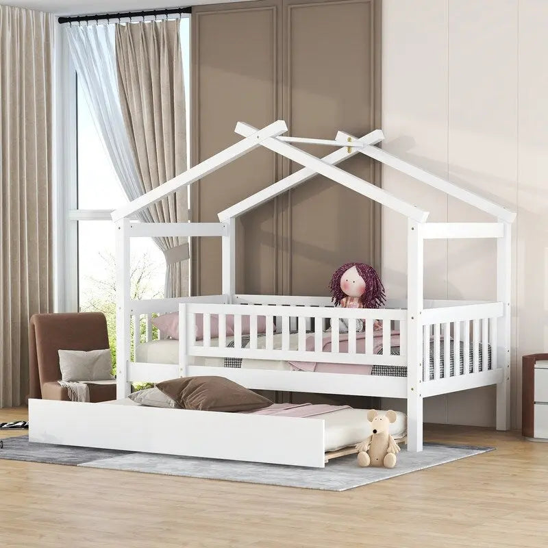 Twin Size House Bed for Kids, Wooden House Bed Twin with Trundle