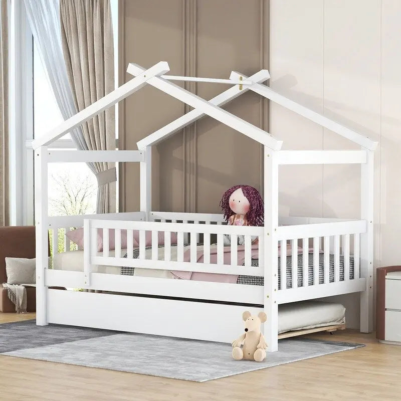 Twin Size House Bed for Kids, Wooden House Bed Twin with Trundle