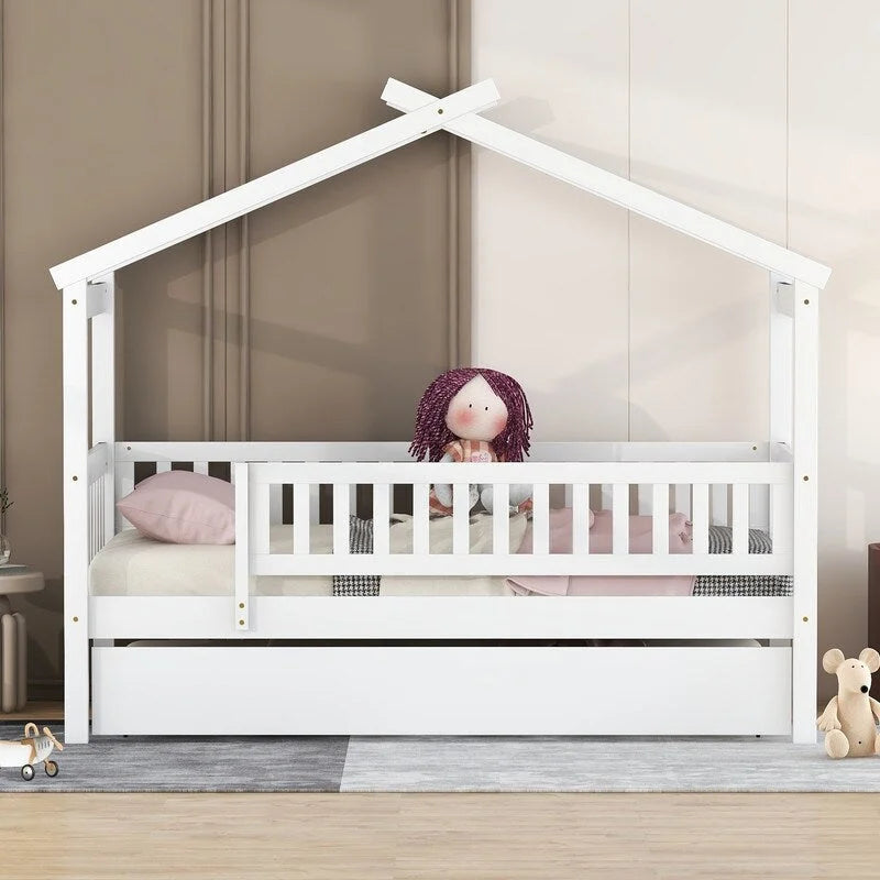 Twin Size House Bed for Kids, Wooden House Bed Twin with Trundle