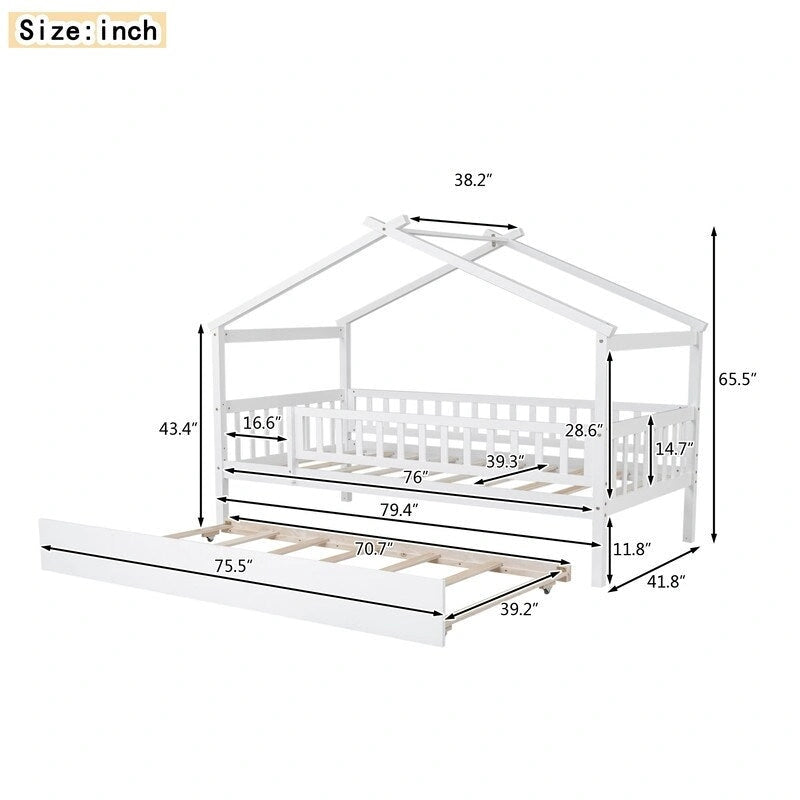 Twin Size House Bed for Kids, Wooden House Bed Twin with Trundle