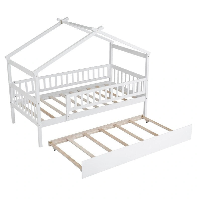 Twin Size House Bed for Kids, Wooden House Bed Twin with Trundle