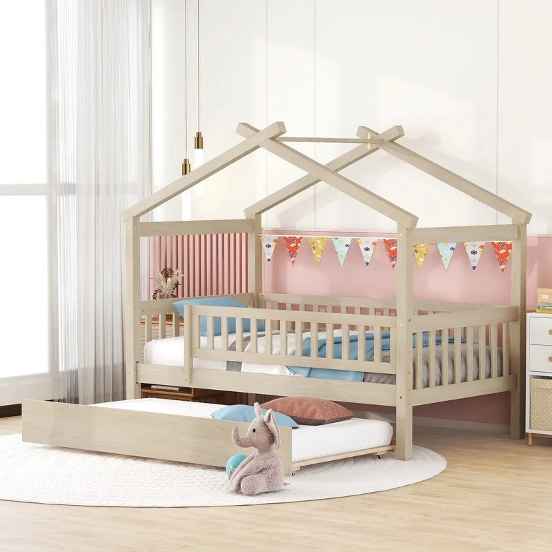 Twin Size House Bed for Kids, Wooden House Bed Twin with Trundle
