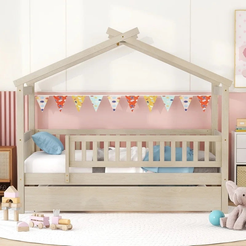 Twin Size House Bed for Kids, Wooden House Bed Twin with Trundle