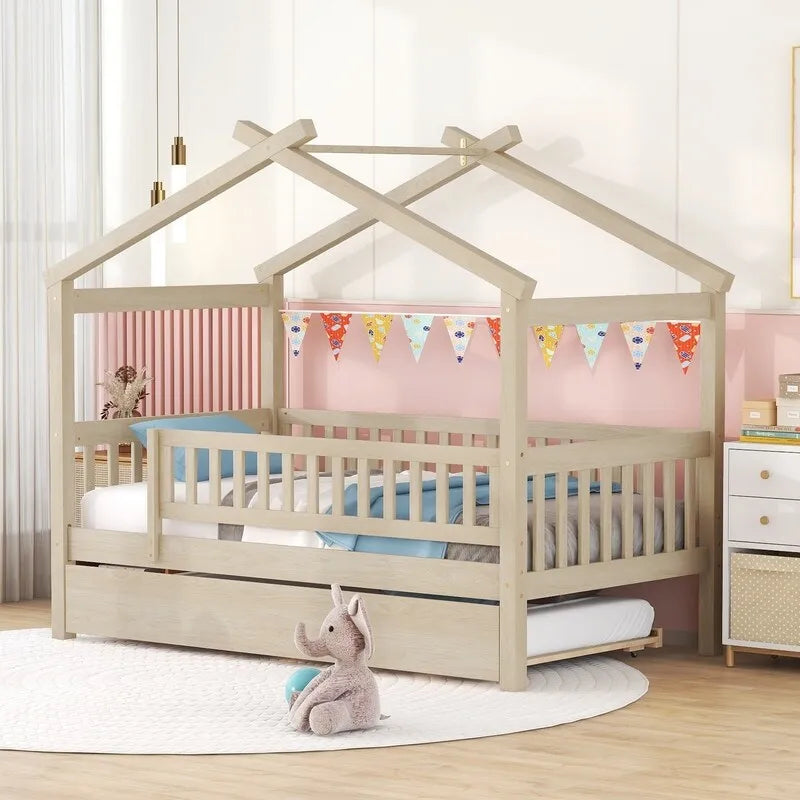 Twin Size House Bed for Kids, Wooden House Bed Twin with Trundle