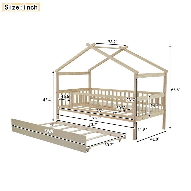 Twin Size House Bed for Kids, Wooden House Bed Twin with Trundle