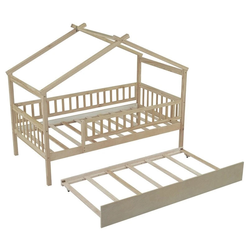 Twin Size House Bed for Kids, Wooden House Bed Twin with Trundle