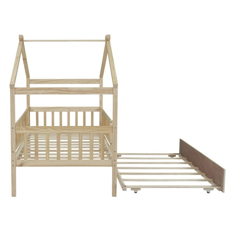 Twin Size House Bed for Kids, Wooden House Bed Twin with Trundle