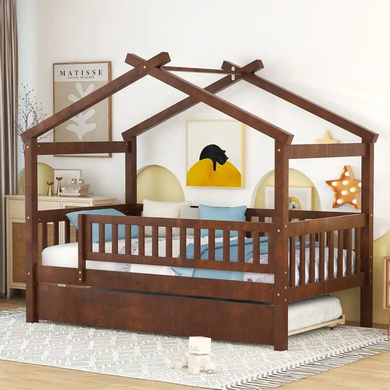 Twin Size House Bed for Kids, Wooden House Bed Twin with Trundle