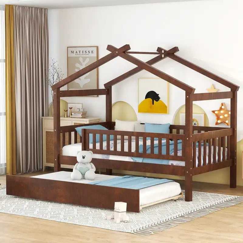 Twin Size House Bed for Kids, Wooden House Bed Twin with Trundle