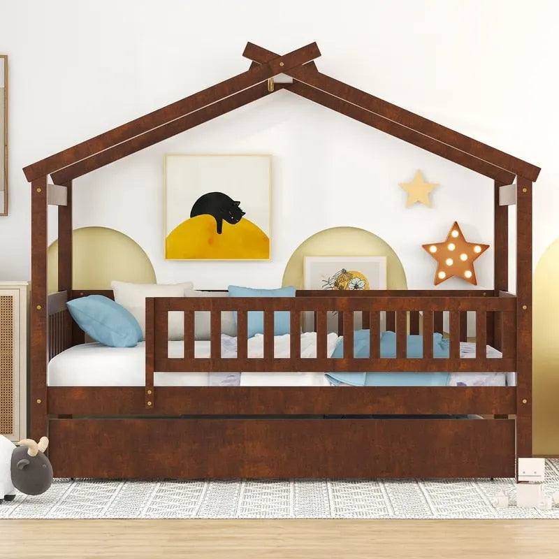 Twin Size House Bed for Kids, Wooden House Bed Twin with Trundle
