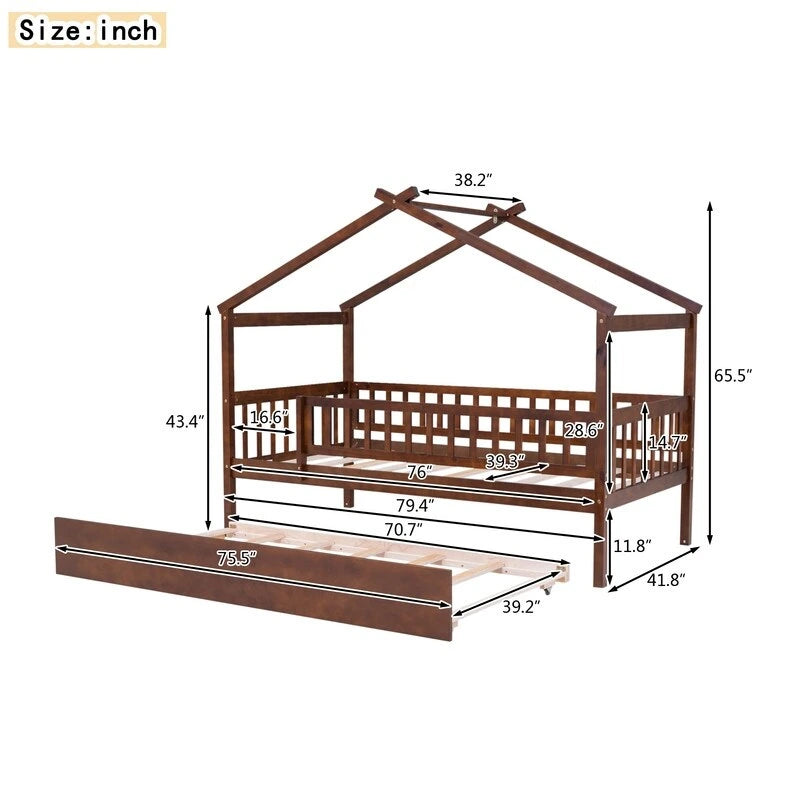Twin Size House Bed for Kids, Wooden House Bed Twin with Trundle