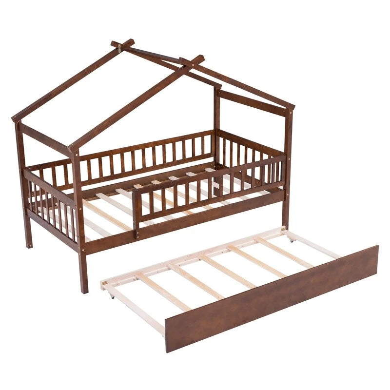 Twin Size House Bed for Kids, Wooden House Bed Twin with Trundle