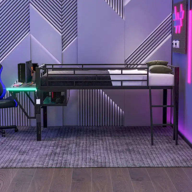 Gaming Mid Loft Bed with Desk and LED