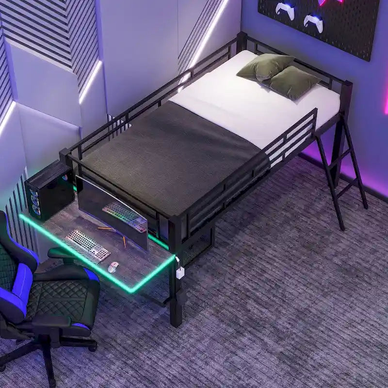 Gaming Mid Loft Bed with Desk and LED