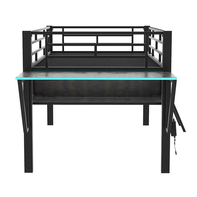 Gaming Mid Loft Bed with Desk and LED