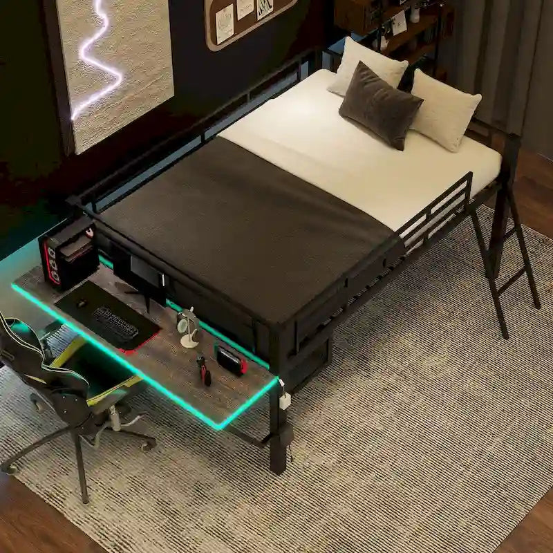 Gaming Mid Loft Bed with Desk and LED
