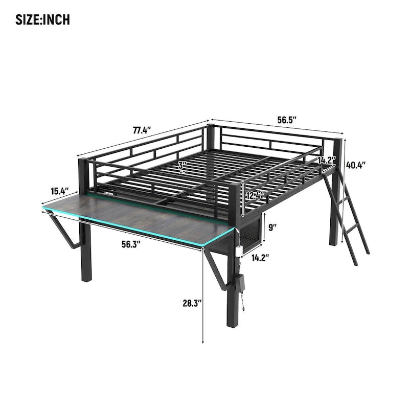 Gaming Mid Loft Bed with Desk and LED