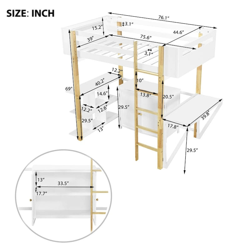 Twin Size Loft Bed with Foldable Desk, Wood Loft Bed Frame with Built-in Storage Cabinet and Cubes