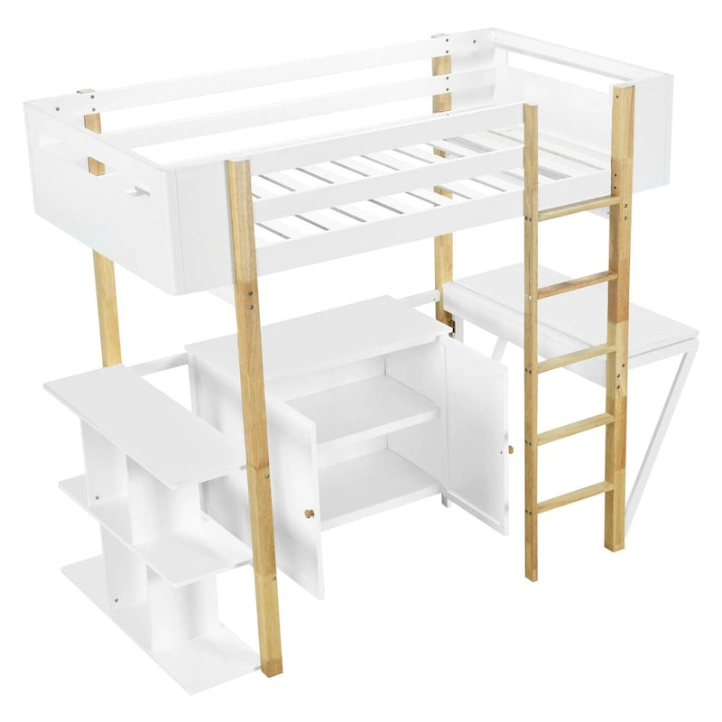 Twin Size Loft Bed with Foldable Desk, Wood Loft Bed Frame with Built-in Storage Cabinet and Cubes