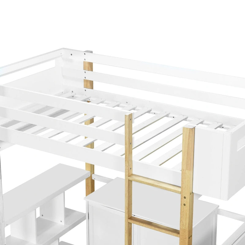 Twin Size Loft Bed with Foldable Desk, Wood Loft Bed Frame with Built-in Storage Cabinet and Cubes