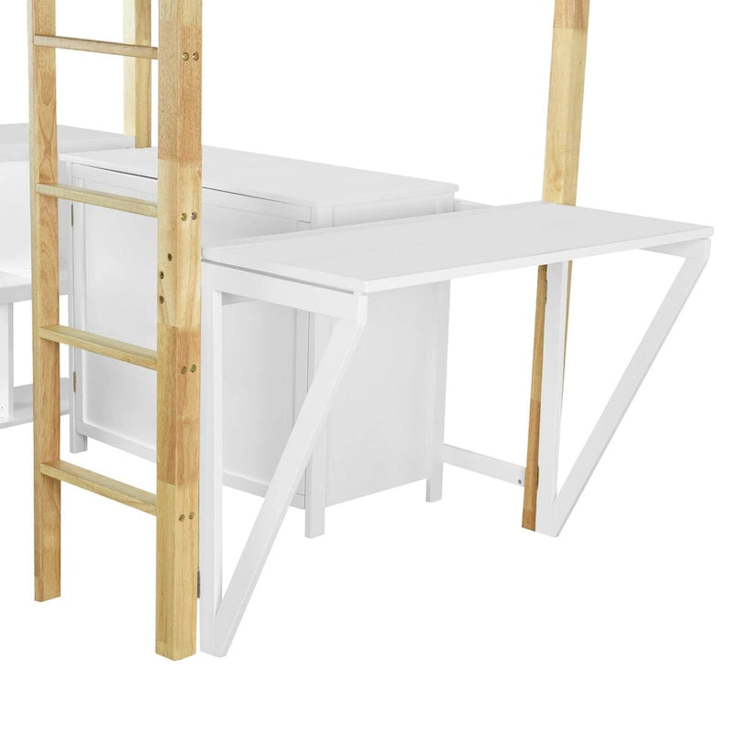Twin Size Loft Bed with Foldable Desk, Wood Loft Bed Frame with Built-in Storage Cabinet and Cubes