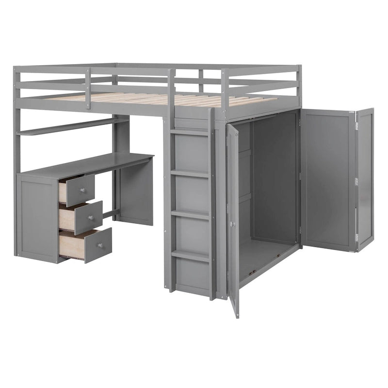Full Size Wood Loft Bed with Integrated Drawers, Desk, and Wardrobe for Complete Storage Solution